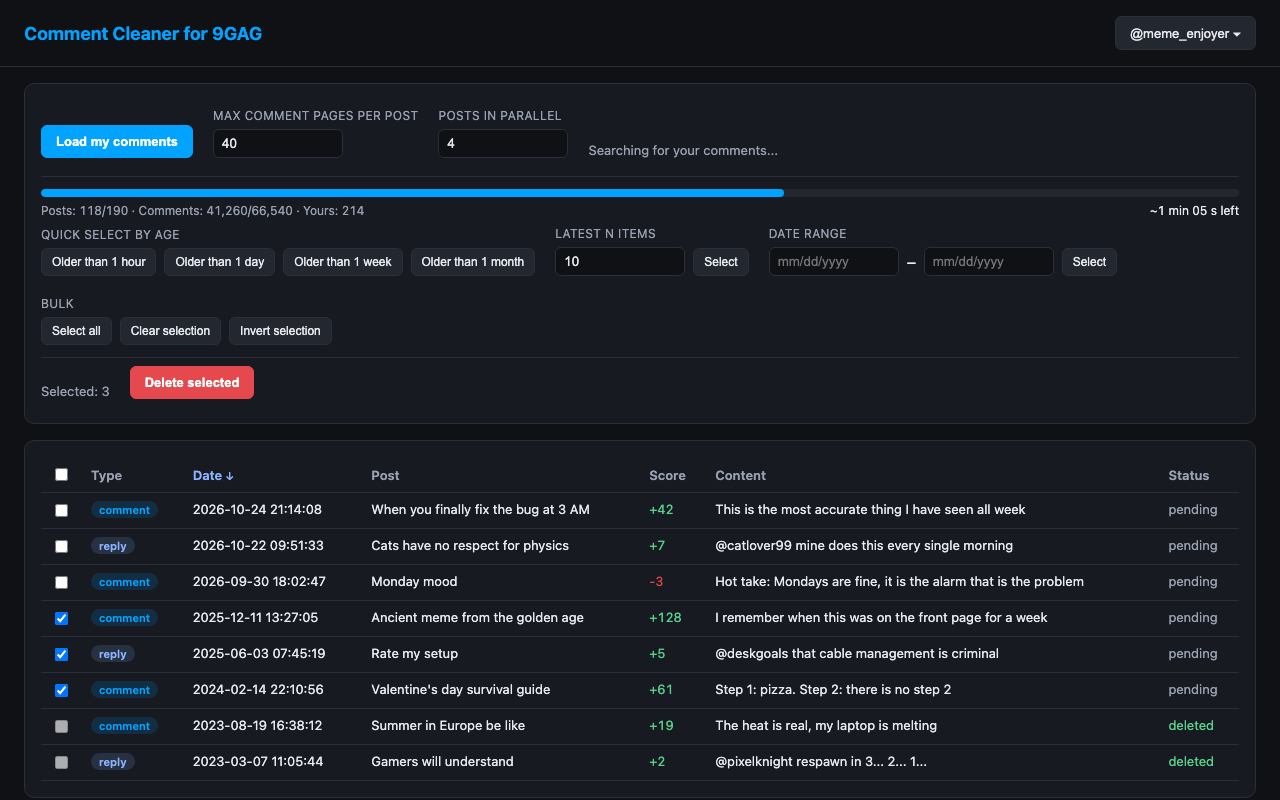 Screenshot of the extension showing a table of comments and a progress bar