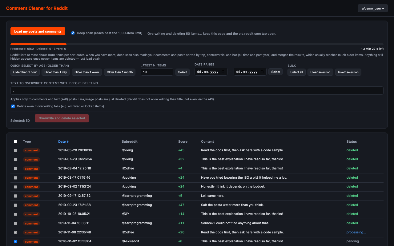 Screenshot of the extension showing a table of Reddit posts and comments being deleted with a progress bar